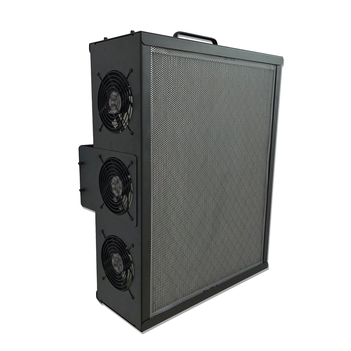 Black air filter with six fans on a white background